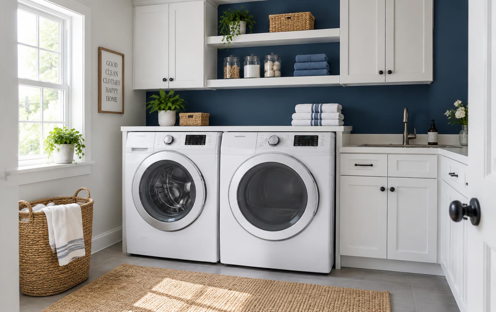 Clean modern laundry room with a white washer and dryer